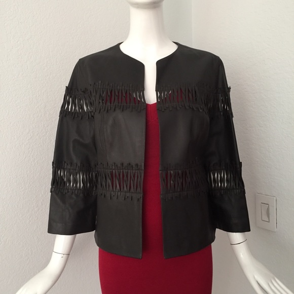 lafayette 148 woven insert crew neck brown leather jacket - Picture 3 of 12